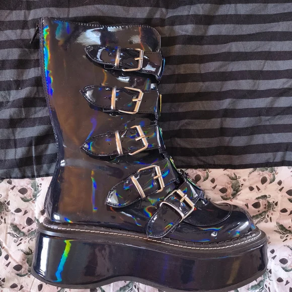 Demonia Black Heart Buckle Boots Iridescent Black ( Emily Size 8 Women's) - Picture 7 of 10
